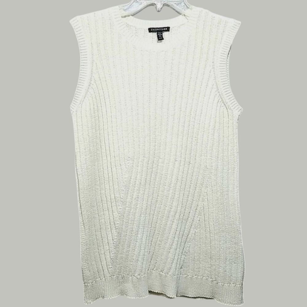 Eileen Fisher Organic Cotton Blend Ivory rib-stitched Crew Neck sweater Vest XS